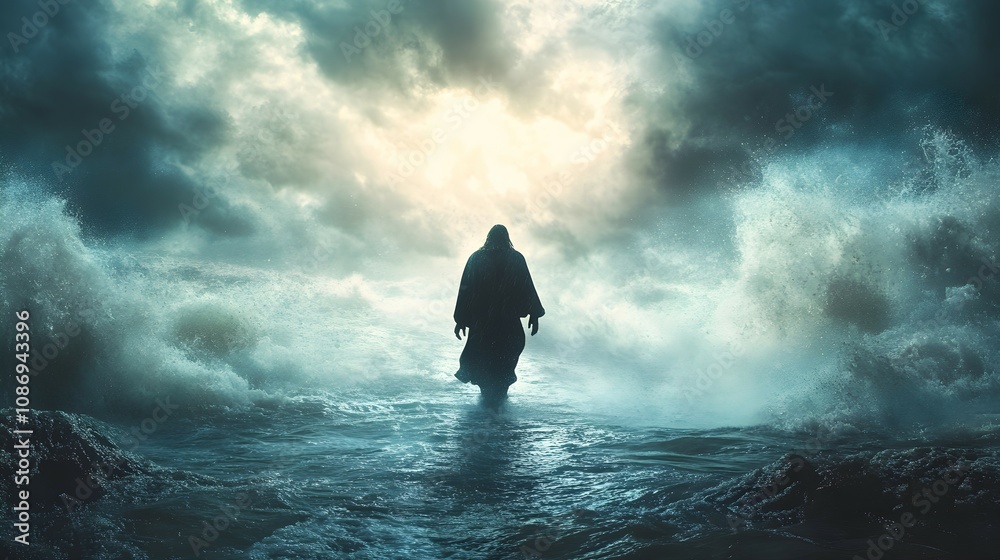 Jesus walking on water during a storm. Biblical theme concept. Jesus walking on water during a storm. Biblical theme concept.