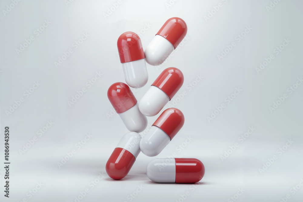 Dynamic composition of red and white capsules stacked in balance, symbolizing health, medicine, and pharmaceutical concepts Dynamic composition of red and white capsules stacked in balance, symbolizing health, medicine, and pharmaceutical concepts