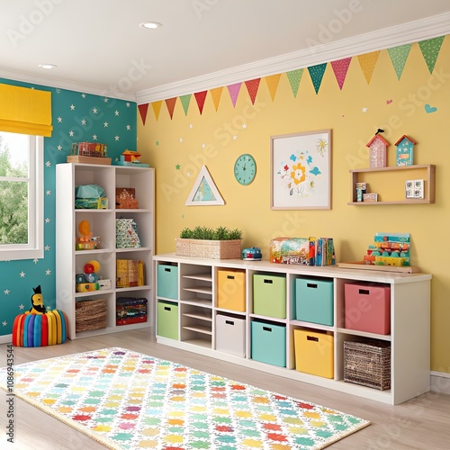 Fun playroom with bright colors and storage for toys