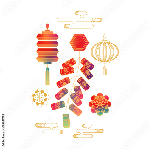 Chinese New Year lantern, firecrackers and lamp. Abstract gradient spring blossom flower and cloud, vector illustrations. Modern minimalist CNY 2025 signs, lunar holiday celebration