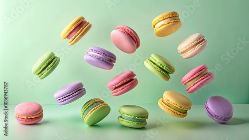 Wallpaper Mural A delightful assortment of colorful macarons in mid-air, showcasing their delicate layers and vibrant hues against a pastel green backdrop. Torontodigital.ca