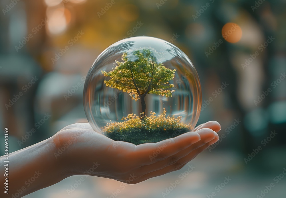 A person's hand gently cradles a glass sphere, containing a miniature verdant tree. The soft light highlights the scene's delicate beauty and environmental theme. A person's hand gently cradles a glass sphere, containing a miniature verdant tree. The soft light highlights the scene's delicate beauty and environmental theme.