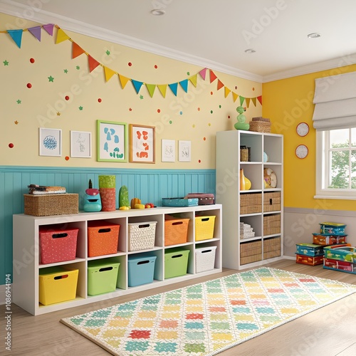 Fun playroom with bright colors and storage for toys