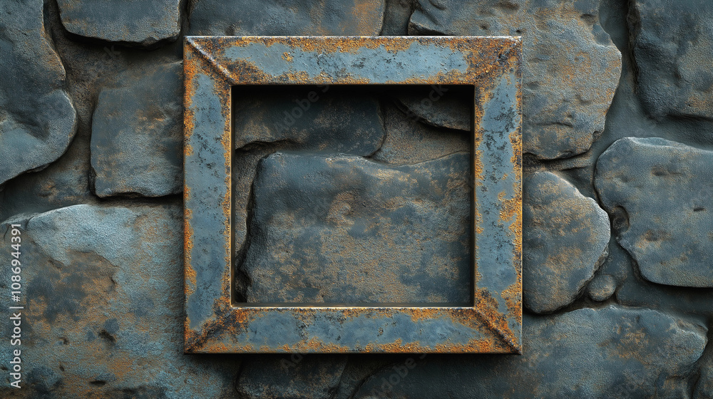 Rusted metal square frame on a dark stone background Rusted metal square frame on a dark stone background