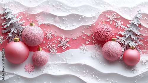 Pink Christmas Ornaments on Snowy Waves