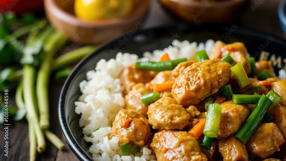 Delicious Orange Chicken with White Rice and Green Onions, Perfect for a Tasty Meal Delicious Orange Chicken with White Rice and Green Onions, Perfect for a Tasty Meal