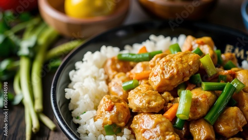 Delicious Orange Chicken with White Rice and Green Onions, Perfect for a Tasty Meal photo