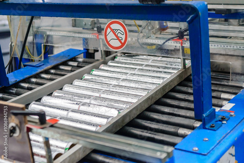 Aluminum foil manufacturing of recycled materials on automatic production line. Shiny metal sheet transported by turning rollers in workshop photo