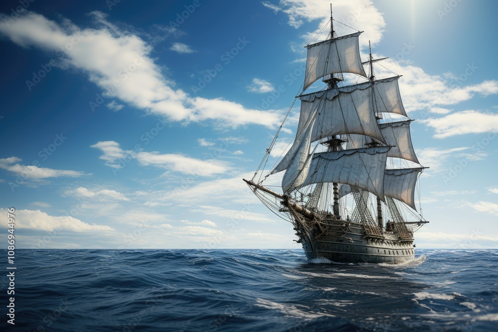 A Majestic Black and White Ship Navigates the Azure Seascape Under the Enchanting Expanse of the Daytime Sky A Majestic Black and White Ship Navigates the Azure Seascape Under the Enchanting Expanse of the Daytime Sky