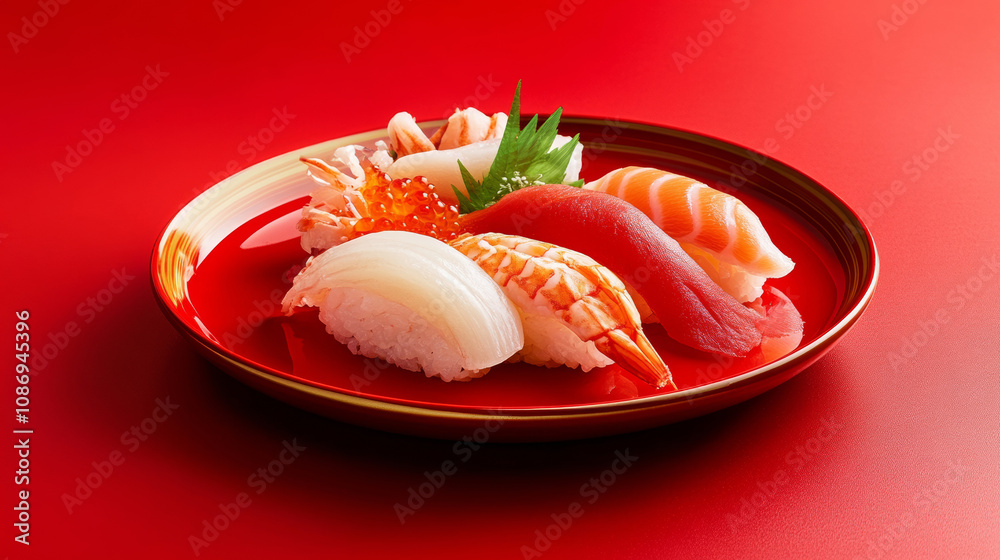 Delicious japanese salmon sushi tuna shrimp sashimi platter gourmet on plate raw yummy seafood fresh red background. food photography advertising fashion restaurant cuisine gourmet wallpaper Delicious japanese salmon sushi tuna shrimp sashimi platter gourmet on plate raw yummy seafood fresh red background. food photography advertising fashion restaurant cuisine gourmet wallpaper