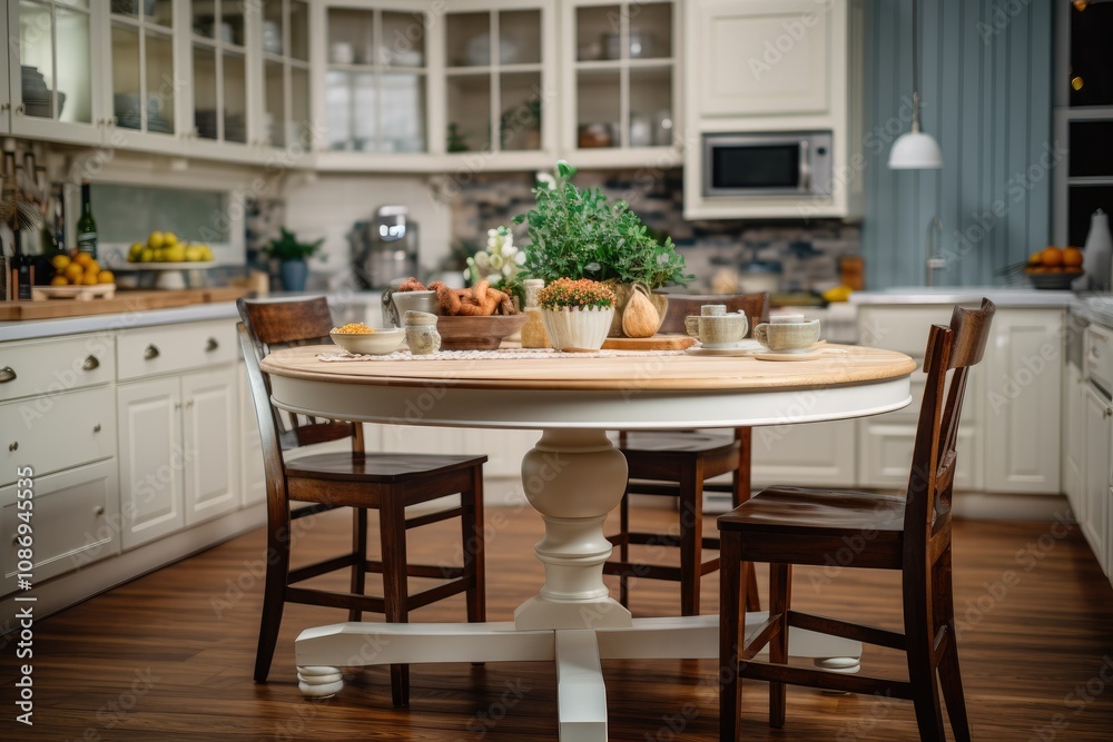 The Inviting Round Wooden Table Stands Near the Kitchen Island Encouraging Diners to Gather for Meals and Conversation The Inviting Round Wooden Table Stands Near the Kitchen Island Encouraging Diners to Gather for Meals and Conversation