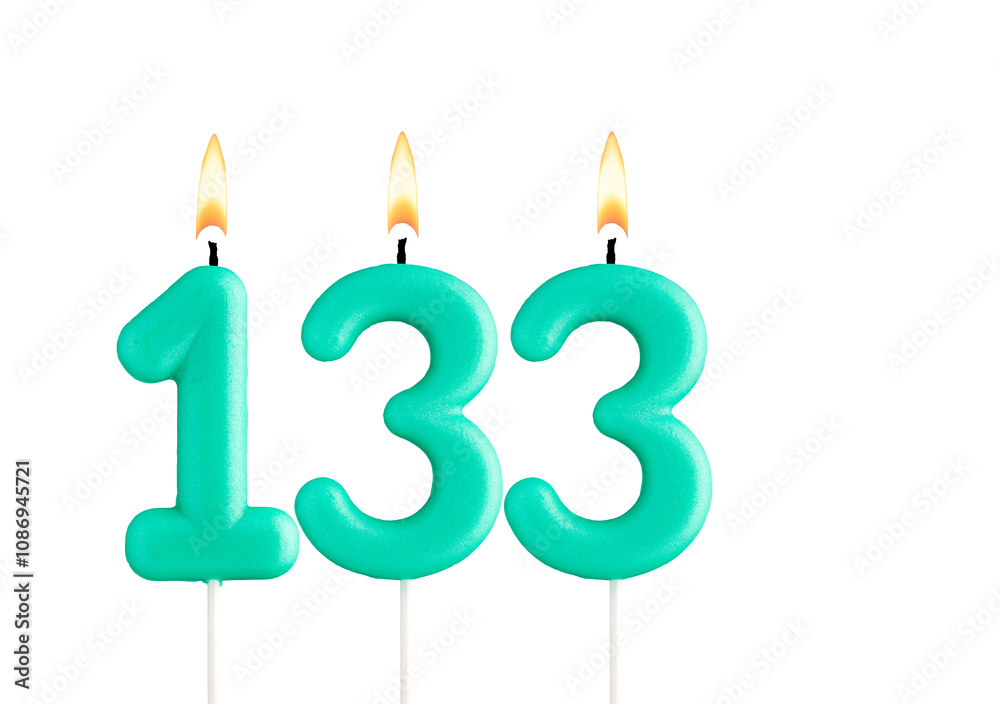 Birthday number 133 - Green birthday candle on white background Birthday number 133 - Green birthday candle on white background