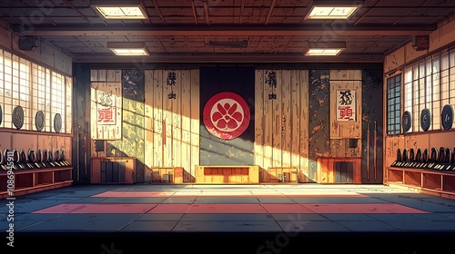 Sunlit Dojo A Tranquil Martial Arts Training Hall. 