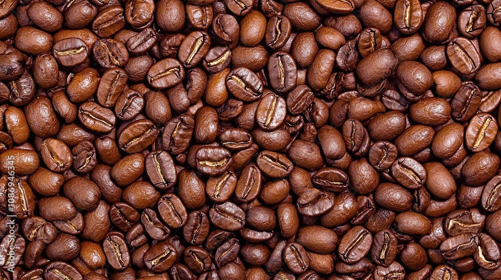 Obraz premium Brewed awakening coffee beans spread across a wooden surface still life warm atmosphere top-down angle aromatic essence