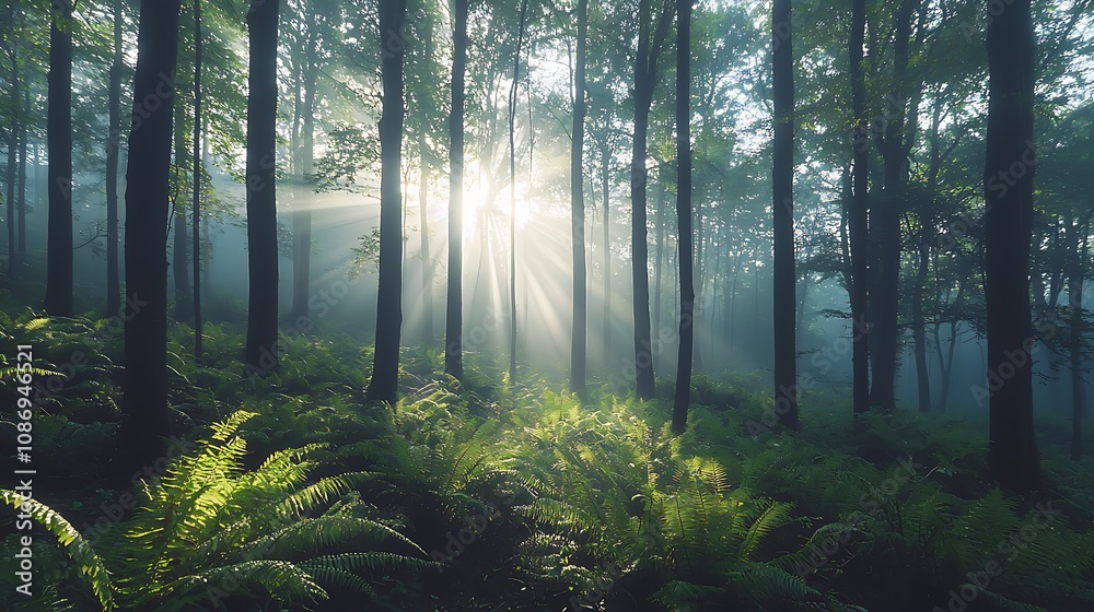 Obraz premium Sunbeams Illuminating a Misty Forest Magical Sunrays Filtering Through Dense Trees and Lush Ferns.
