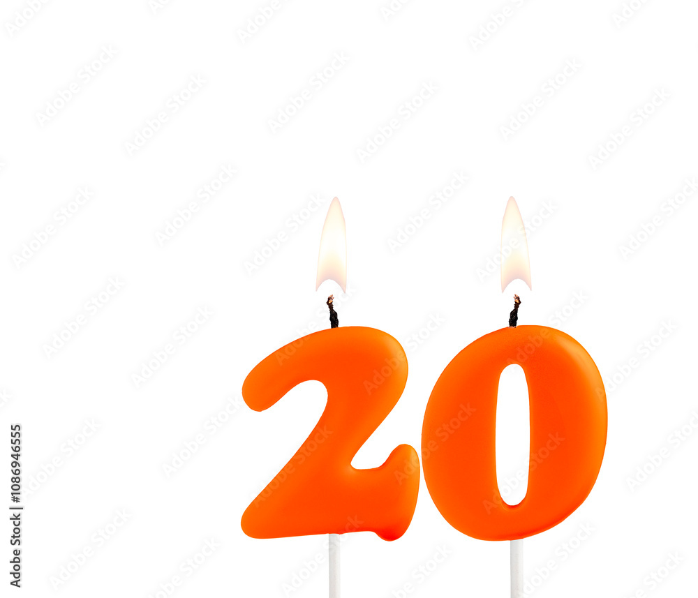 Lit birthday candle - Candle number 20 on white background. Lit birthday candle - Candle number 20 on white background.