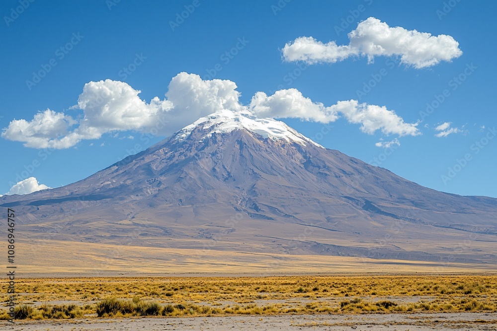 Majestic Snow-Capped Volcano Against Clear Blue Sky Majestic Snow-Capped Volcano Against Clear Blue Sky