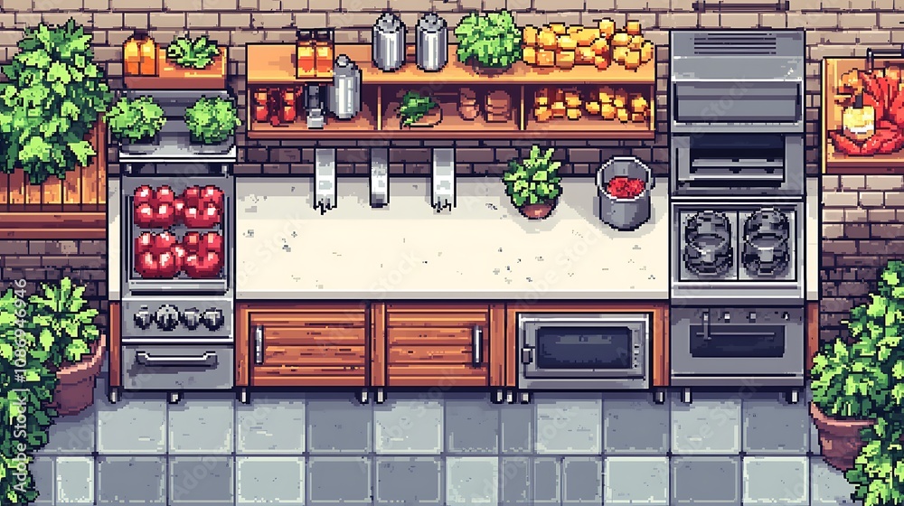 Obraz premium Pixel Art Kitchen Countertop Overhead View of a Modern, Well-Equipped Kitchen Space.