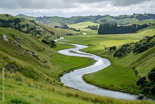 Serene Landscape with Winding River Through Lush Green Hills