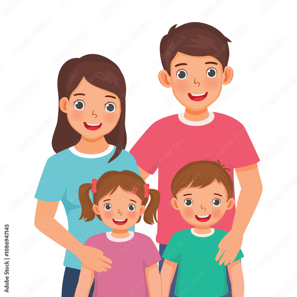 Happy family portrait with father, mother, son and daughter
Happy family portrait with father, mother, son and daughter