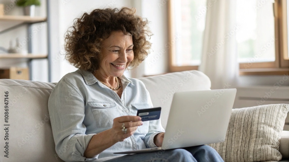 Mature lady customer looking at computer buying online doing ecommerce shopping on website making bank payments. Happy curly middle aged woman using laptop holding credit card sitting on couch at home Mature lady customer looking at computer buying online doing ecommerce shopping on website making bank payments. Happy curly middle aged woman using laptop holding credit card sitting on couch at home