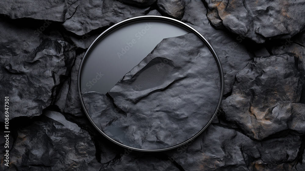 A circular black metal frame against a dark stone wall.