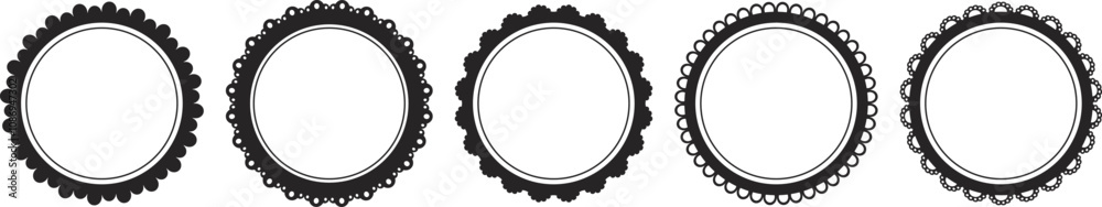 Scalloped border curve lace frame set. Silhouette frilly figure, stamp curvy edge. Wiggle decoration, tag, vintage sticker. Scalloped border curve lace frame set. Silhouette frilly figure, stamp curvy edge. Wiggle decoration, tag, vintage sticker.