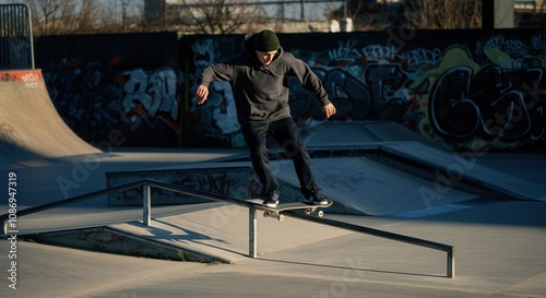 Urban skateboarding adventure in graffiti-adorned skatepark for dynamic sports design and promotion photo