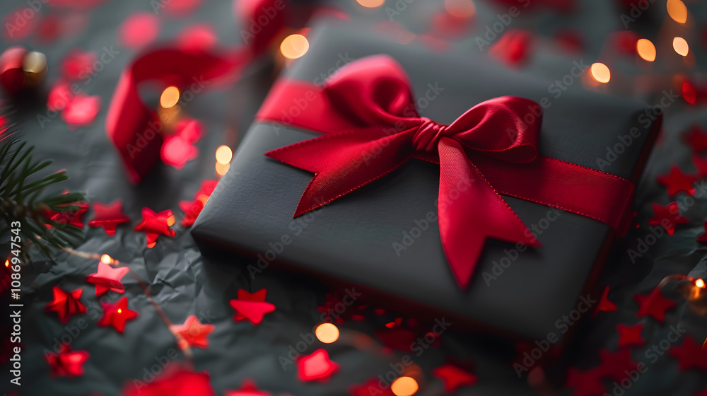 A present adorned in black gift wrapping with a pop of magenta ribbon and bow, perfect for any event. The contrast of colors adds a touch of sophistication and style to the gift A present adorned in black gift wrapping with a pop of magenta ribbon and bow, perfect for any event. The contrast of colors adds a touch of sophistication and style to the gift