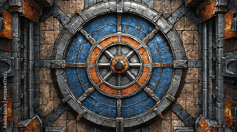 Fototapeta premium Intricate Stone and Metal Wheel Design Architectural Detail of a Fictional Fortified Structure. 