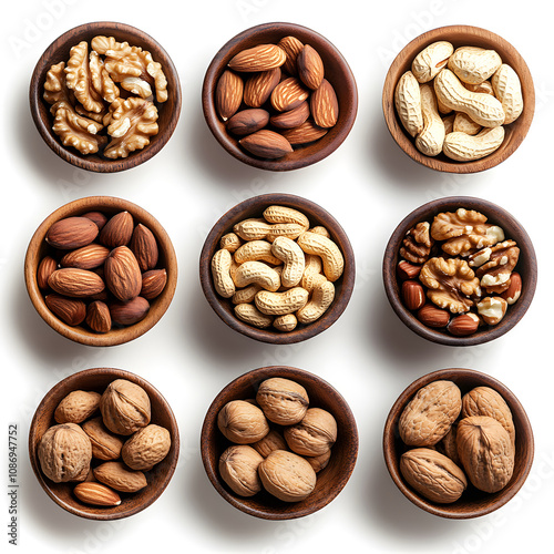 A visually appealing arrangement of various nuts in small wooden bowls, showcasing a variety of textures and colors.