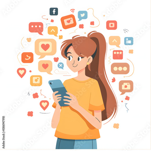 young woman using smart phone,social media concept highlighted by white, flat design, png photo