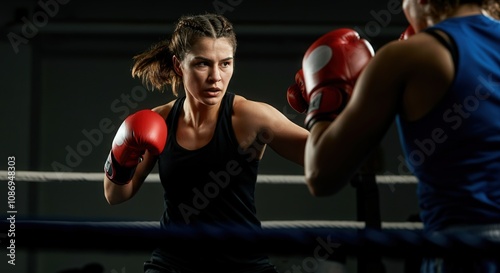 Intense female boxing match in the ring highlighting determination and skill for sports and fitness design