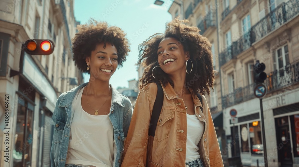 Two women with natural curly hair enjoying a sunny day, walking and laughing on a vibrant urban street. A joyful moment capturing friendship and city life Two women with natural curly hair enjoying a sunny day, walking and laughing on a vibrant urban street. A joyful moment capturing friendship and city life