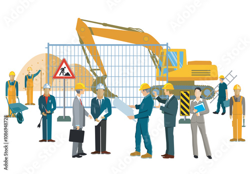 Construction workers and architects with construction machinery, illustration..eps