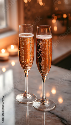 Two champagne flutes with bubbly rosé.