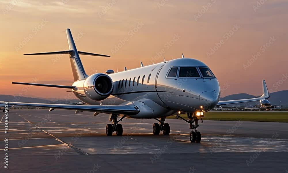 A private jet on a runway during sunset. A private jet on a runway during sunset.