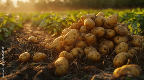 A fresh harvest of golden potatoes in a sunlit field, surrounded by green plants and earthy soil. A vibrant scene of agriculture and natural abundance