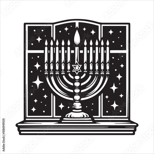 Hanukkah Menorah in an Open Window. A stylized black and white illustration of a Hanukkah menorah positioned in an open window.