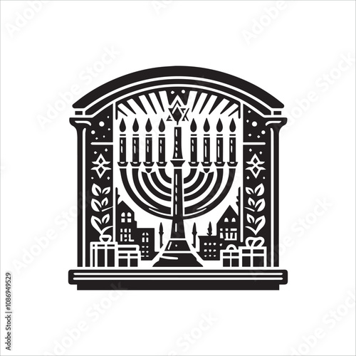 Hanukkah Menorah in an Open Window. A stylized black and white illustration of a Hanukkah menorah positioned in an open window.