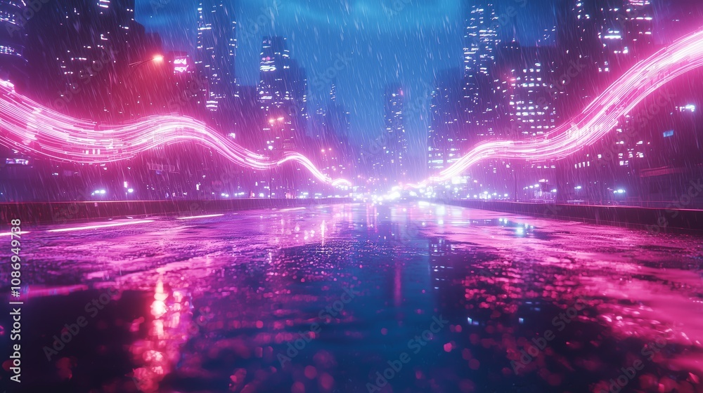 Futuristic Cityscape at Night with Neon Lights and Rain Reflections, Capturing a Vibrant Urban Atmosphere in a Cyberpunk Setting Futuristic Cityscape at Night with Neon Lights and Rain Reflections, Capturing a Vibrant Urban Atmosphere in a Cyberpunk Setting