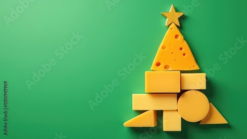 Assorted cheese slices arranged in Christmas tree shape on green background with copy space. Christmas concept for dairy and cheese business, for greeting card, invitation, postcard, banner, poster