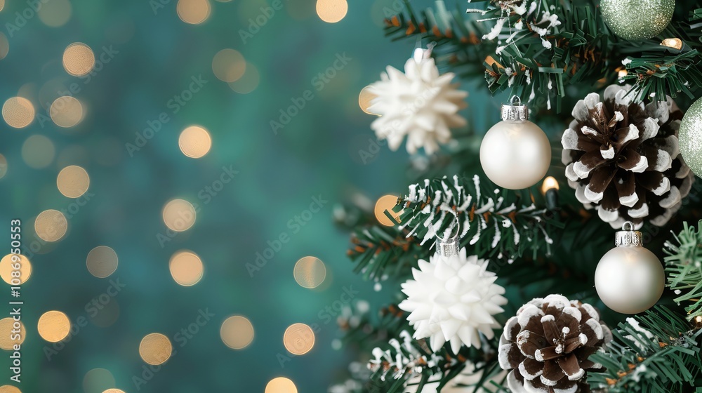 Festive Christmas tree decorations with bokeh lights. Festive Christmas tree decorations with bokeh lights.
