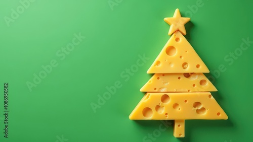Assorted cheese slices arranged in Christmas tree shape on green background with copy space. Christmas concept for dairy and cheese business, for greeting card, invitation, postcard, banner, poster