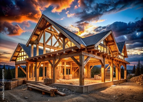 Captivating Low Light Photography of New Home Construction Featuring Wooden Truss Post and Beam Framework with Rich Textures and Shadows Highlighting Craftsmanship and Design Elements