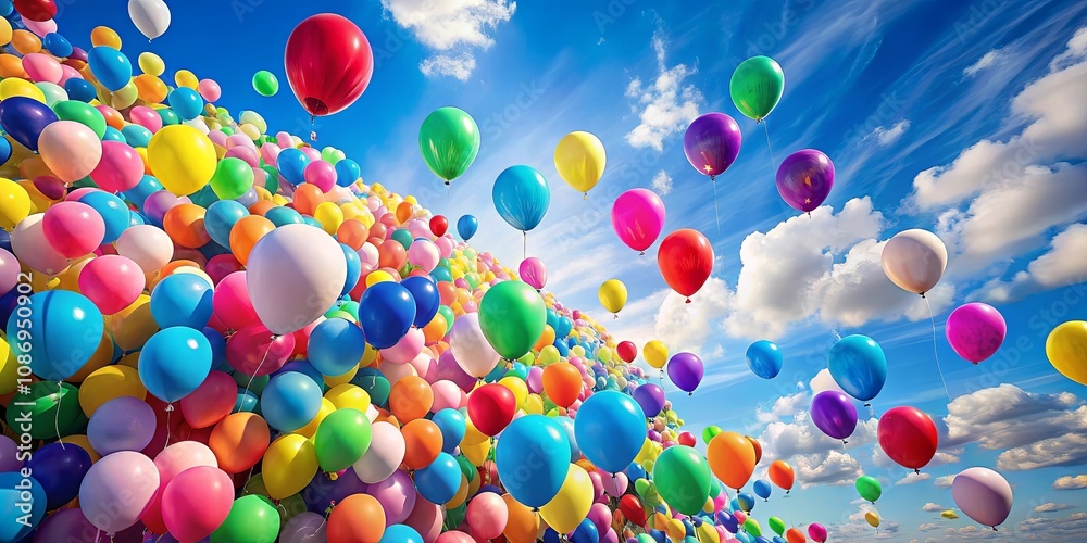 A joyous multitude of colorful balloons ascends against a vibrant blue sky, a spectacular display of buoyant celebration. A joyous multitude of colorful balloons ascends against a vibrant blue sky, a spectacular display of buoyant celebration.