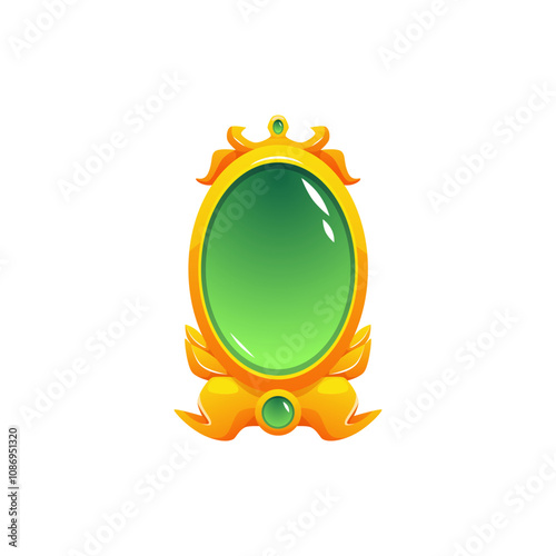 Vector illustration of magic mirror with green oval glass and golden frame.