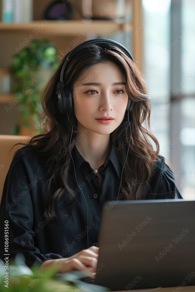 Woman in a headset working on her laptop, conducting a video call in a cozy home office Woman in a headset working on her laptop, conducting a video call in a cozy home office
