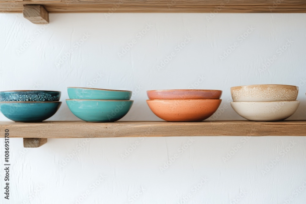 Handmade Ceramics Authentic Concept.A collection of beautifully crafted ceramic bowls in various colors arranged on a wooden shelf against a plain background.