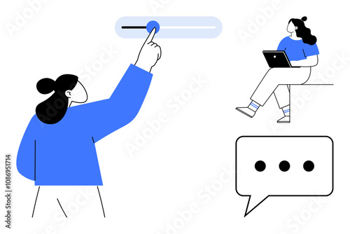 Person interacts with slider control while another works on a laptop. Speech bubble implies communication. Ideal for digital collaboration, user interaction, remote work, tech tutorials, online